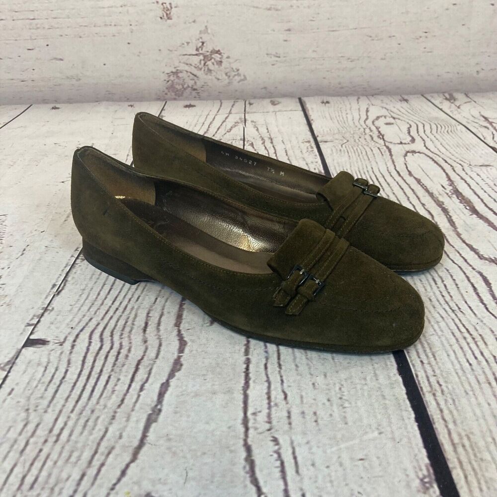 Stuart Weitzman Slip On Kitten Heel Pointed‎ Toe Womens 7.5 Dark Green Suede
